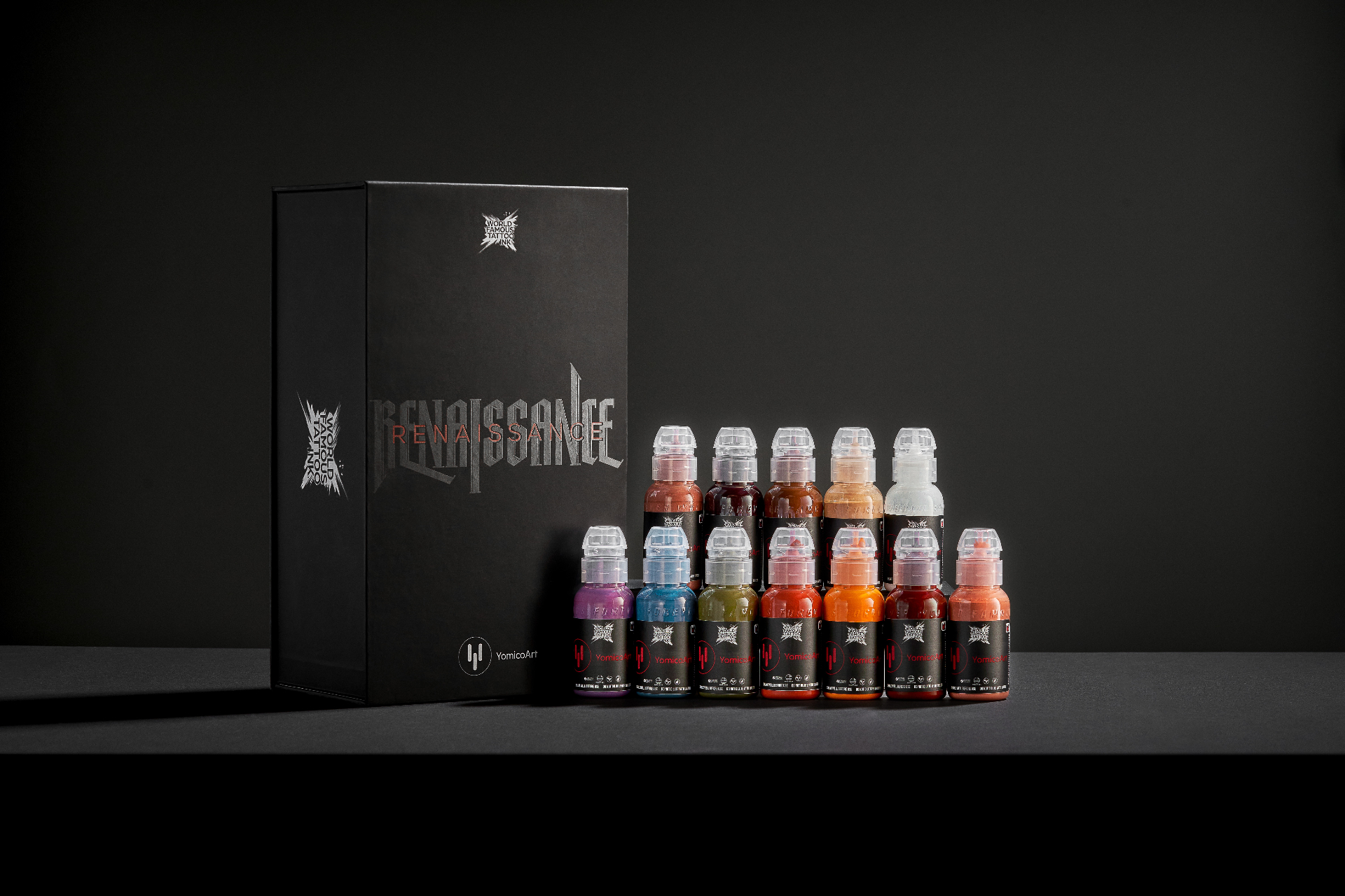 Renaissance Set packaging beside the 12 Yomico Moreno bottles
