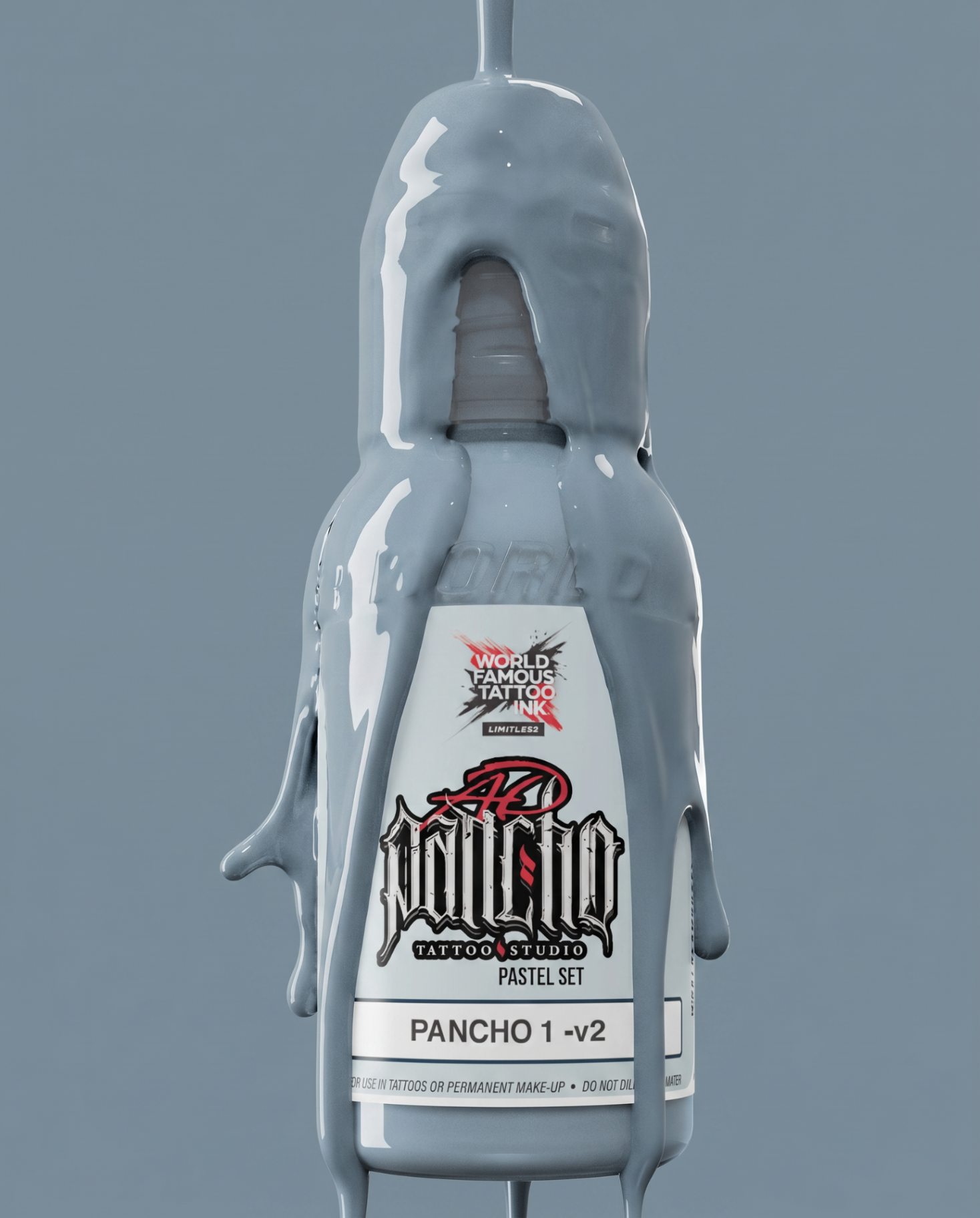 A.D. Pancho Pastel Grey Set — World Famous Tattoo Ink bottle with pastel grey drip